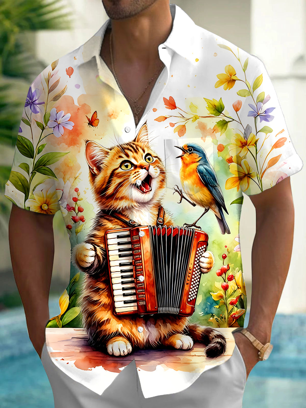 Oceanlyte Men's Graphic Cat Playing Accordion Print Short Sleeve Shirt with Chest Pocket