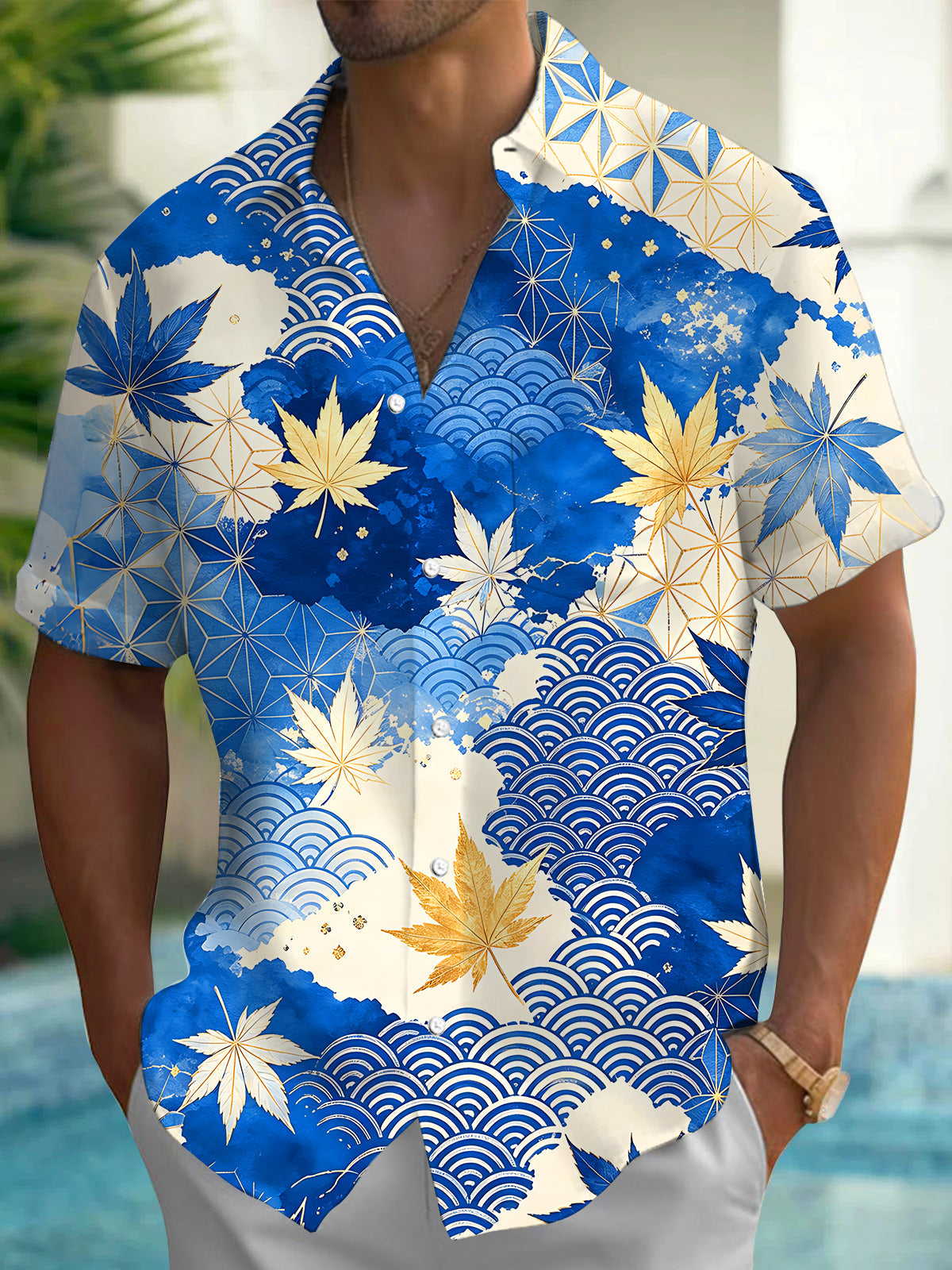 Oceanlyte Men's Hawaiian Blue And Gold Maple Leaf Print Short Sleeve Shirt with Chest Pocket