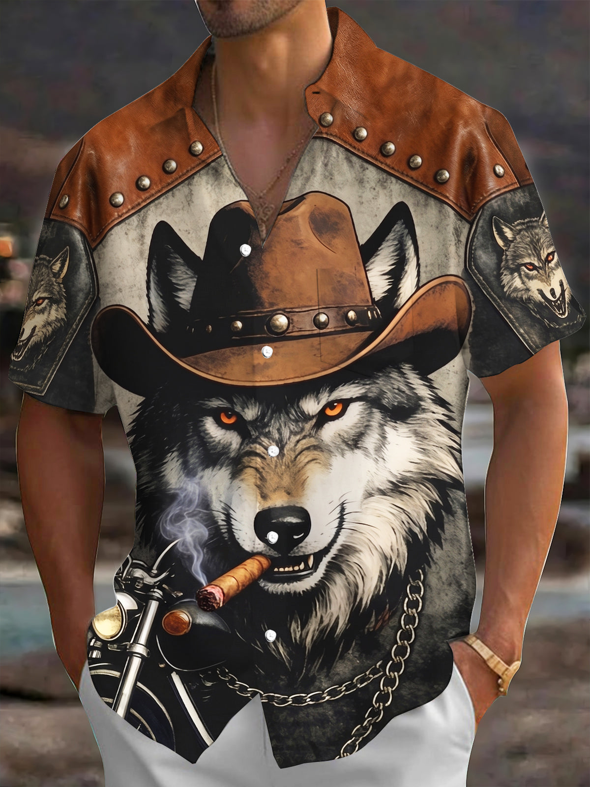 Oceanlyte Men's Graphic Wolf In Cowboy Hat Print Short Sleeve Shirt with Chest Pocket