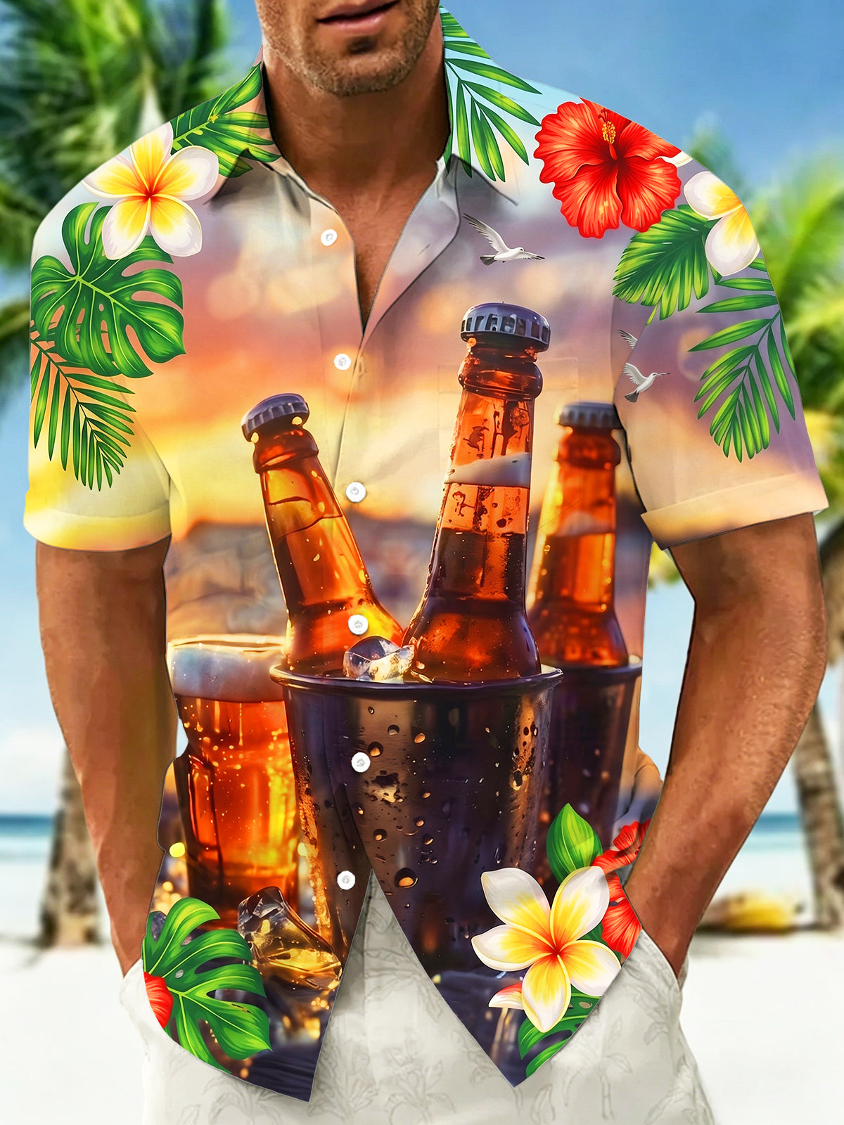Oceanlyte Men's Hawaiian Tropical Floral Leaves Print Short Sleeve Shirt with Chest Pocket
