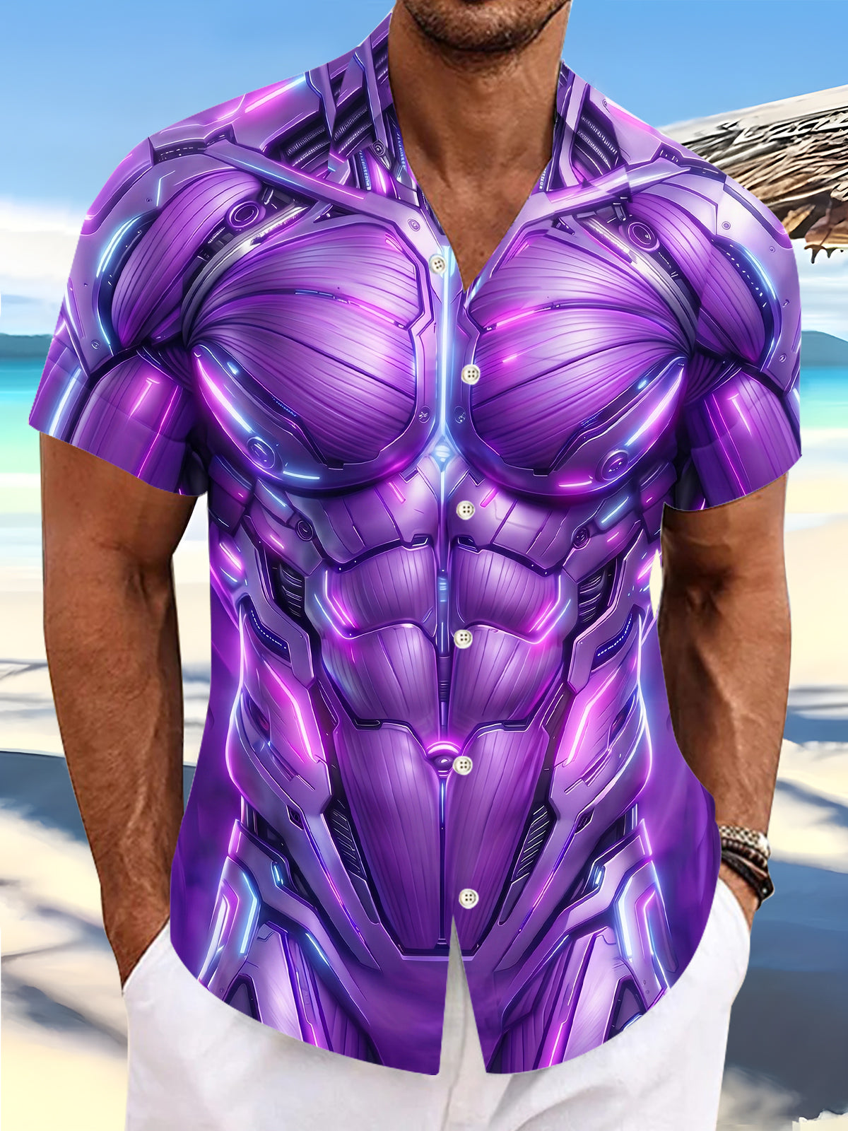 Oceanlyte Men's 3D Cyber Mecha Torso Print Short Sleeve Shirt with Chest Pocket