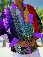 Oceanlyte Men's Printed Colorful Mosaic Crack Collage Print Long Sleeve Shirt with Chest Pocket