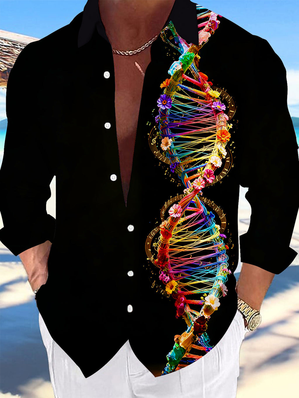 Oceanlyte Men's Graphic Colorful DNA Helix Print Long Sleeve Shirt with Chest Pocket