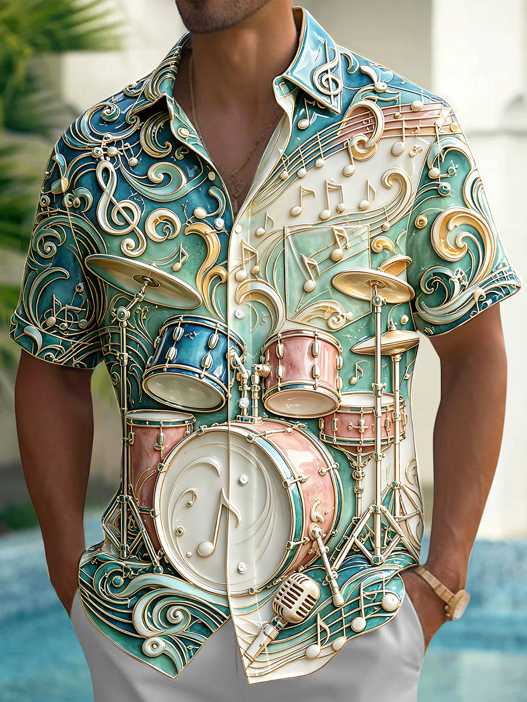 Oceanlyte Men's 3D 3D Drum Kit Print Musical Notes Print Short Sleeve Shirt with Chest Pocket