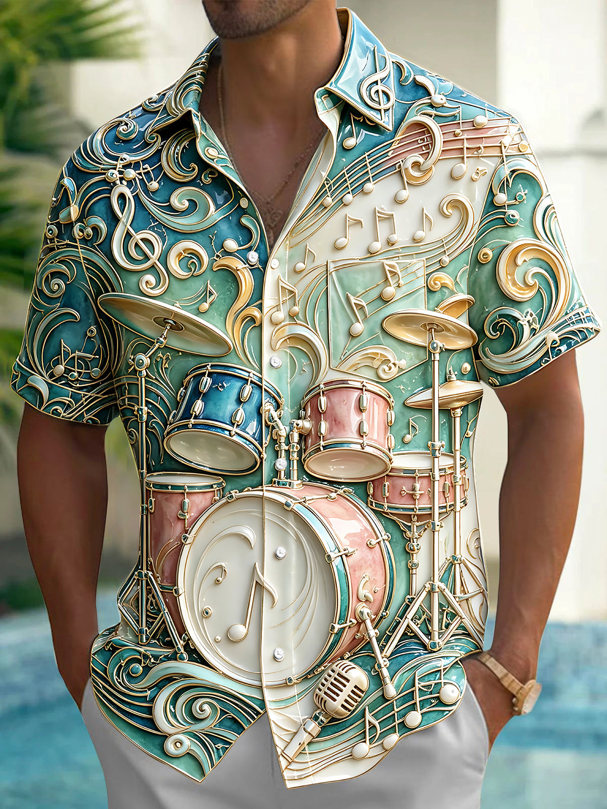 Oceanlyte Men's 3D 3D Drum Kit Print Musical Notes Print Short Sleeve Shirt with Chest Pocket