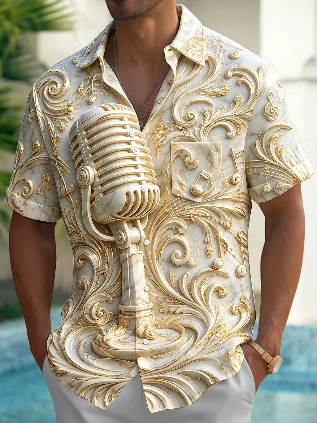 Oceanlyte Men's Marble Embossed Microphone Print Short Sleeve Shirt with Chest Pocket