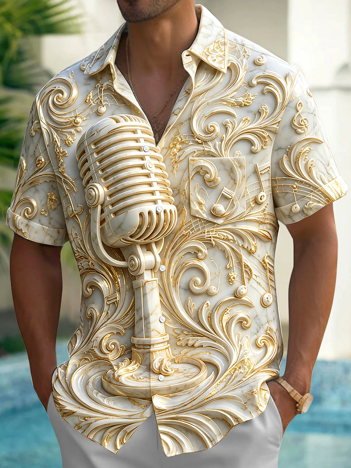 Oceanlyte Men's Marble Embossed Microphone Print Short Sleeve Shirt with Chest Pocket