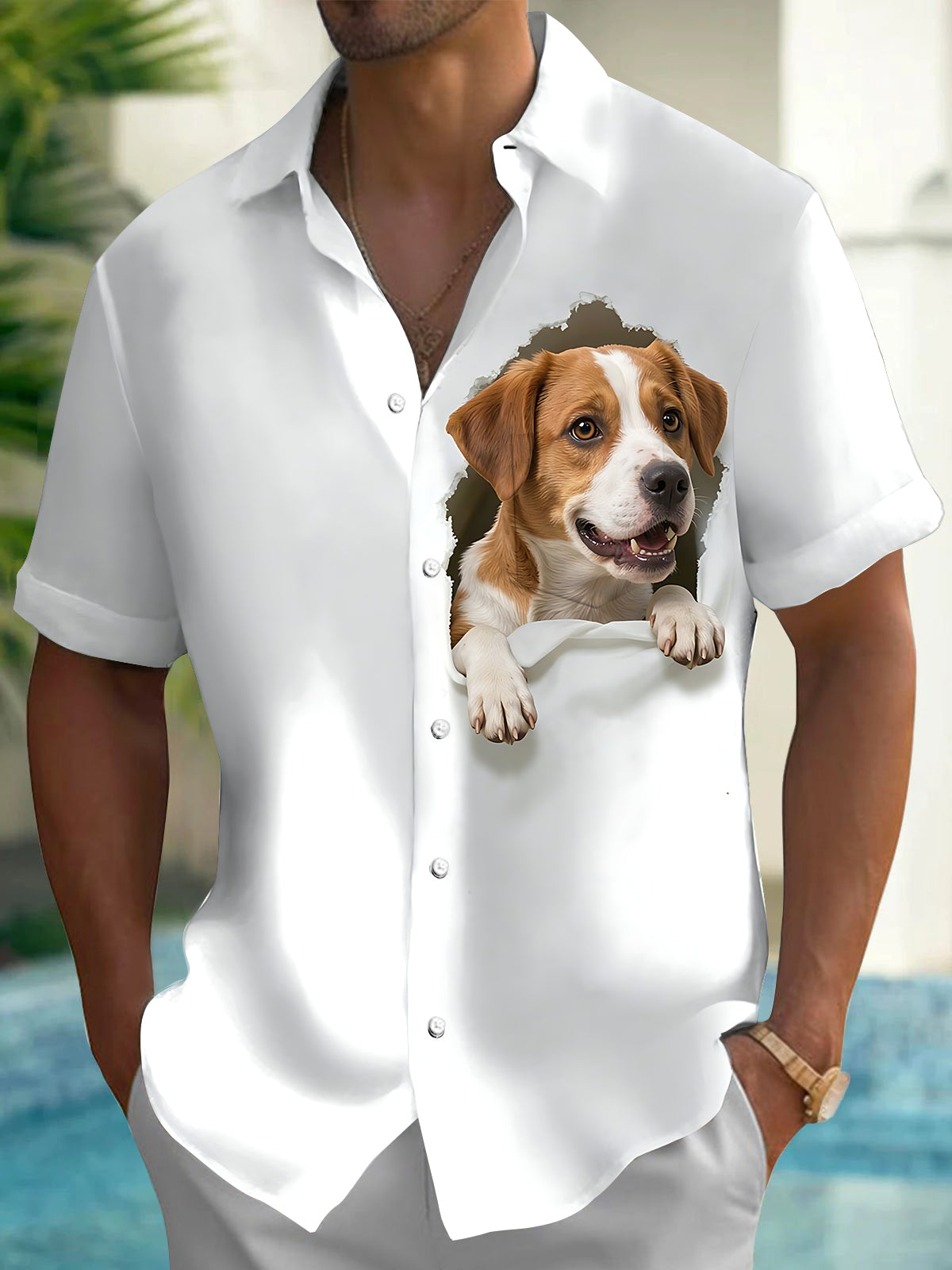 Oceanlyte Men's Graphic Dog In Pocket Print Short Sleeve Shirt with Chest Pocket