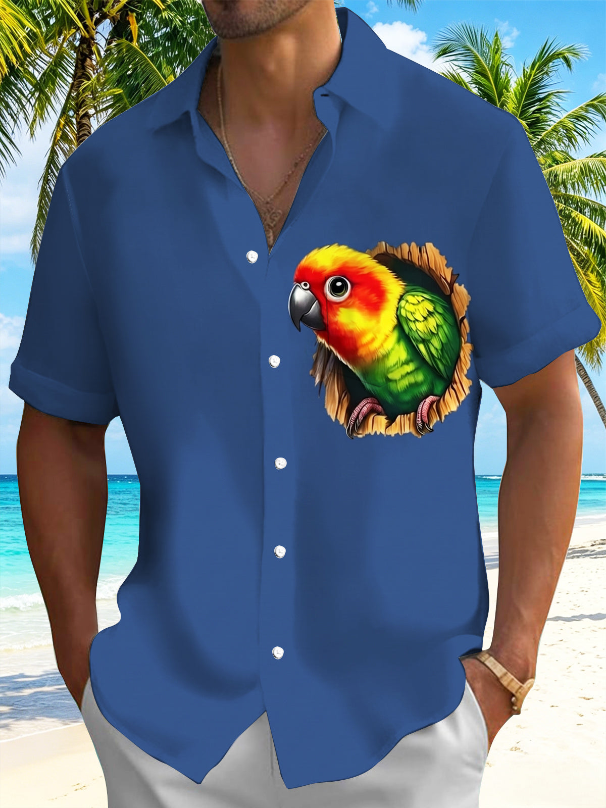 Oceanlyte Men's Hawaiian Parrot In Tree Hole Print Short Sleeve Shirt with Chest Pocket