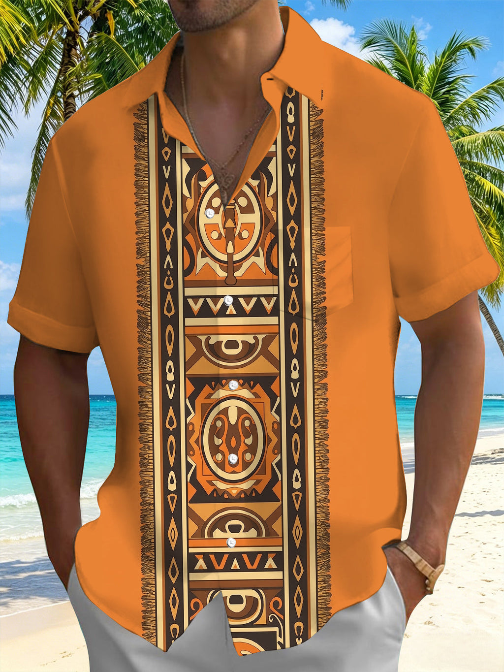 Oceanlyte Men's Patterned Tribal Geometric Pattern Short Sleeve Shirt with Chest Pocket