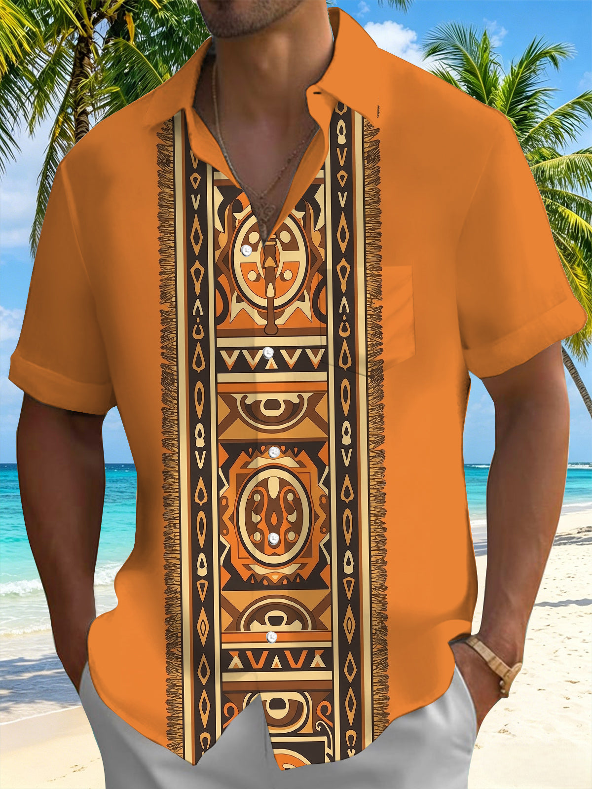 Oceanlyte Men's Patterned Tribal Geometric Pattern Short Sleeve Shirt with Chest Pocket