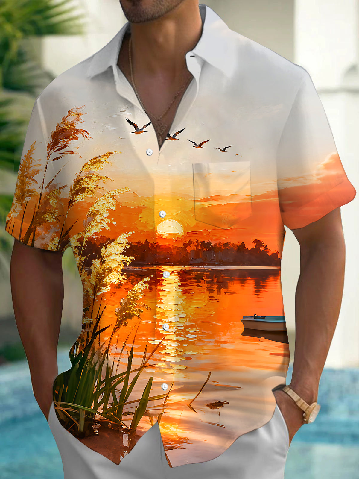 Oceanlyte Men's Hawaiian Sunset Lake Scenery Print Short Sleeve Shirt with Chest Pocket