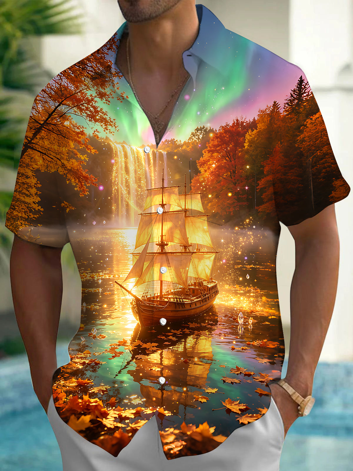 Oceanlyte Men's Printed Autumn Scenery Print Short Sleeve Shirt with Chest Pocket