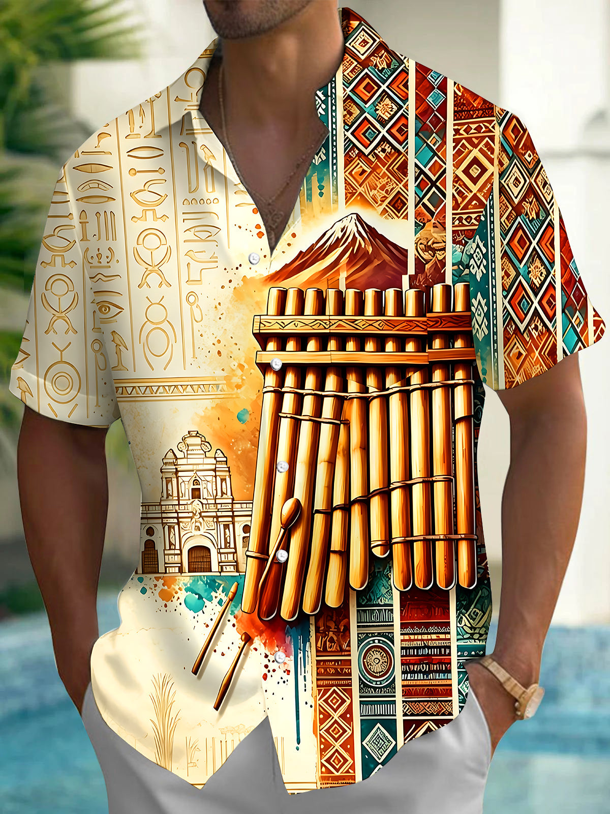 Oceanlyte Men's Printed Pan Flute Print Short Sleeve Shirt with Chest Pocket