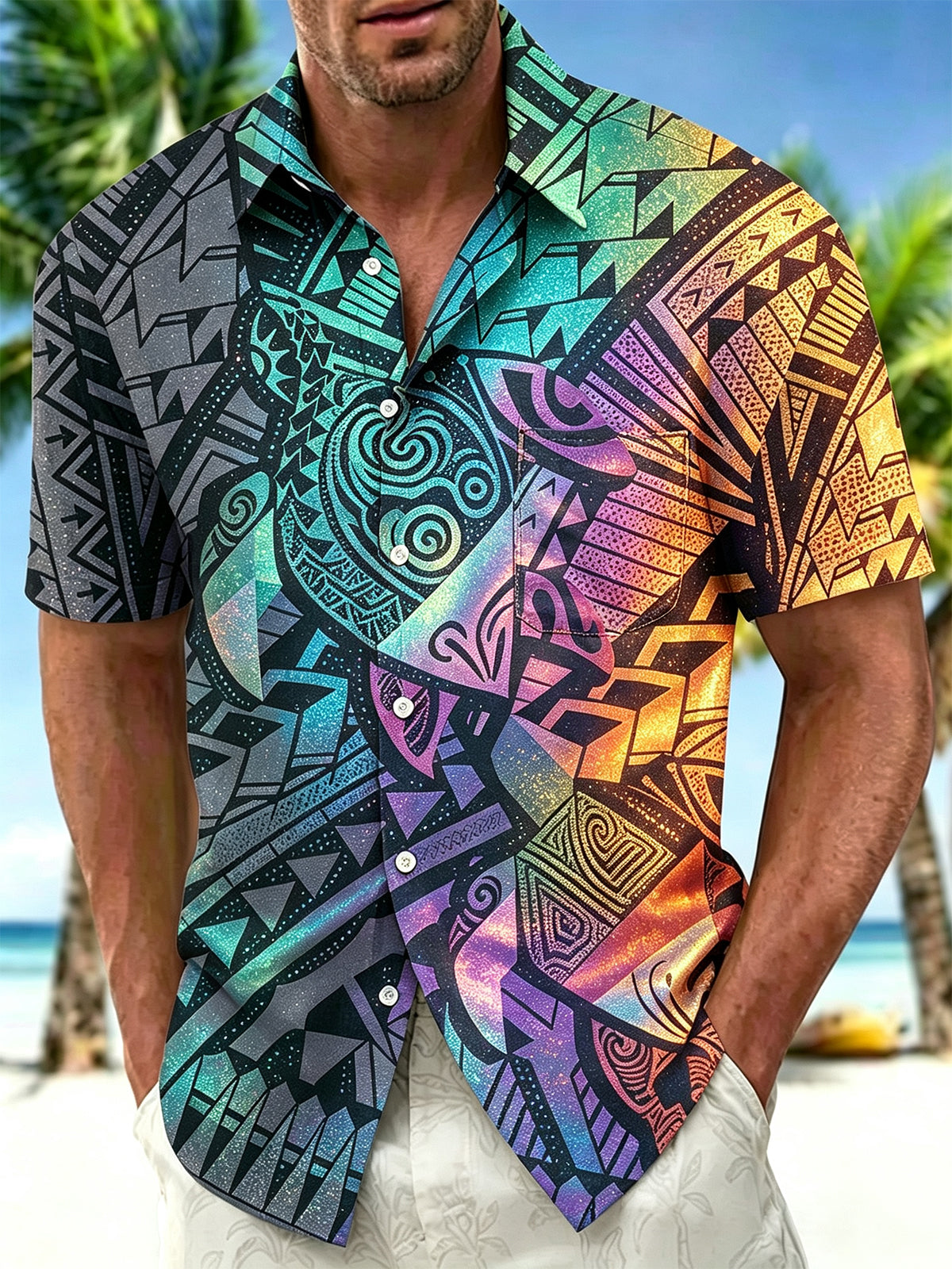 Oceanlyte Men's Hawaiian Tribal Geometric Pattern Short Sleeve Shirt with Chest Pocket