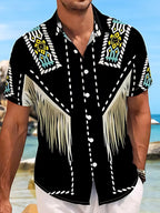 Oceanlyte Men's Patterned Geometric Pattern Fringe Print Short Sleeve Shirt with Chest Pocket