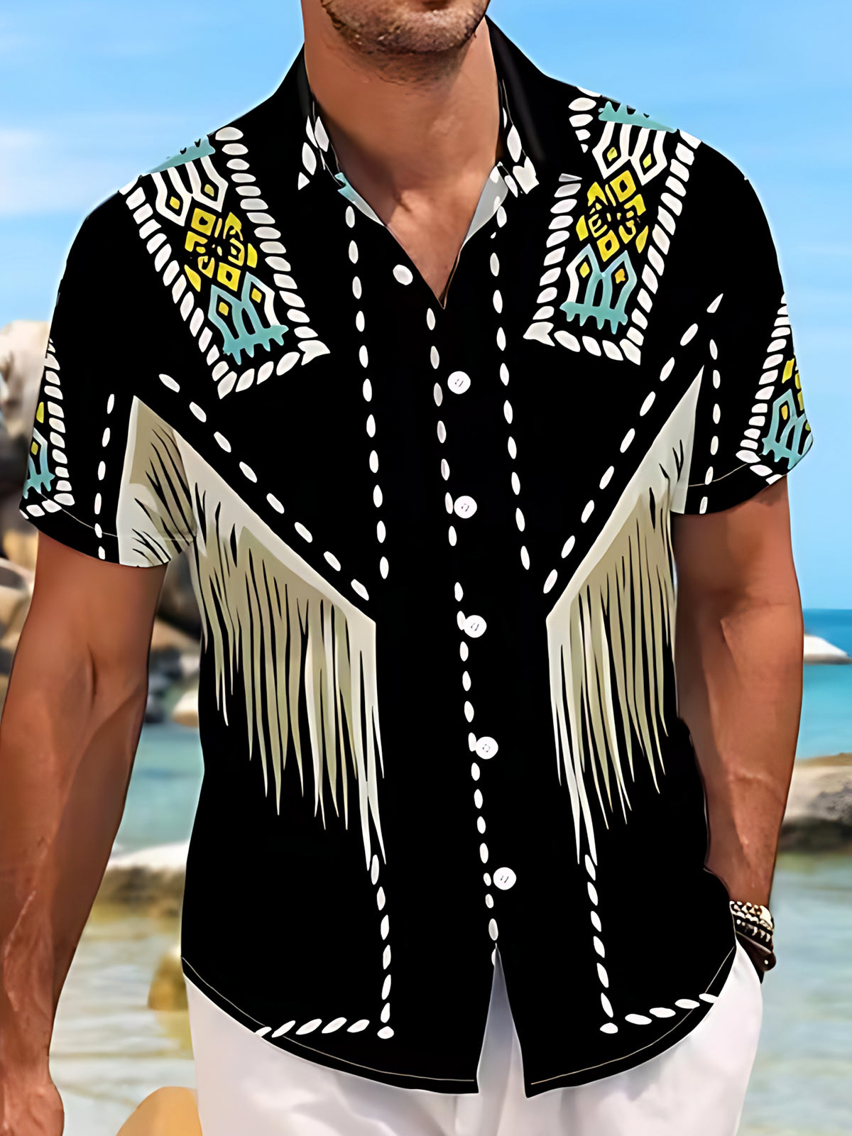 Oceanlyte Men's Patterned Geometric Pattern Fringe Print Short Sleeve Shirt with Chest Pocket