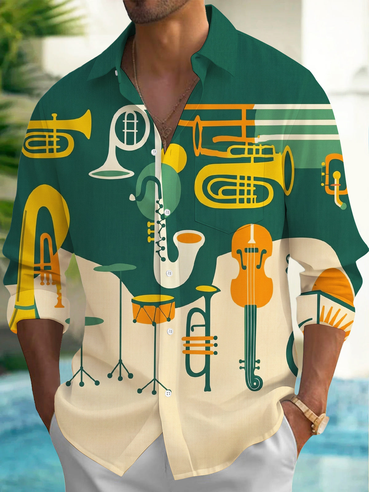 Oceanlyte Men's Printed Musical Instruments Print Long Sleeve Shirt with Chest Pocket