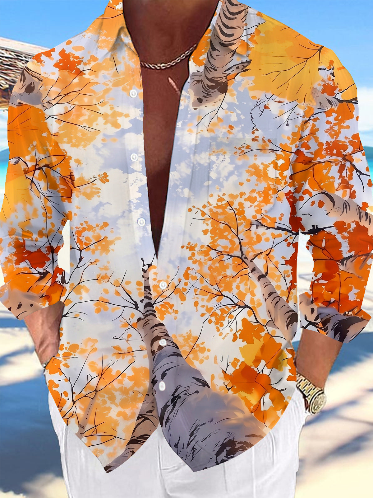 Oceanlyte Men's Printed Autumn Birch Forest Print Long Sleeve Shirt with Chest Pocket