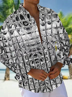 Oceanlyte Men's Patterned Distorted Liquid Squares Print Long Sleeve Shirt with Chest Pocket