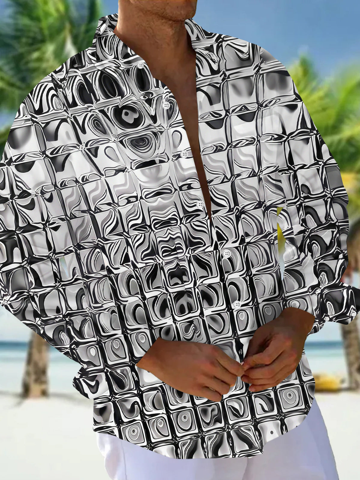 Oceanlyte Men's Patterned Distorted Liquid Squares Print Long Sleeve Shirt with Chest Pocket