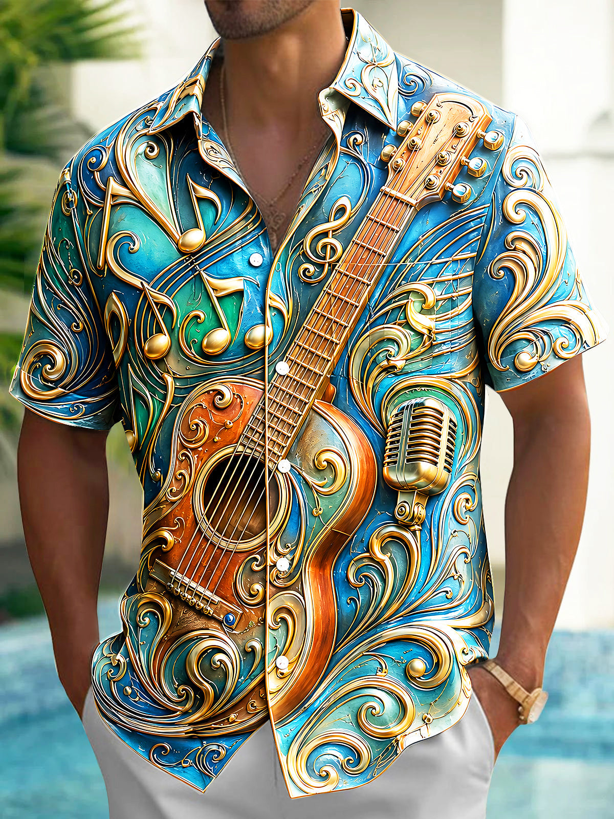 Oceanlyte Men's 3D 3D Relief Guitar Print Music Notes Print Short Sleeve Shirt with Chest Pocket