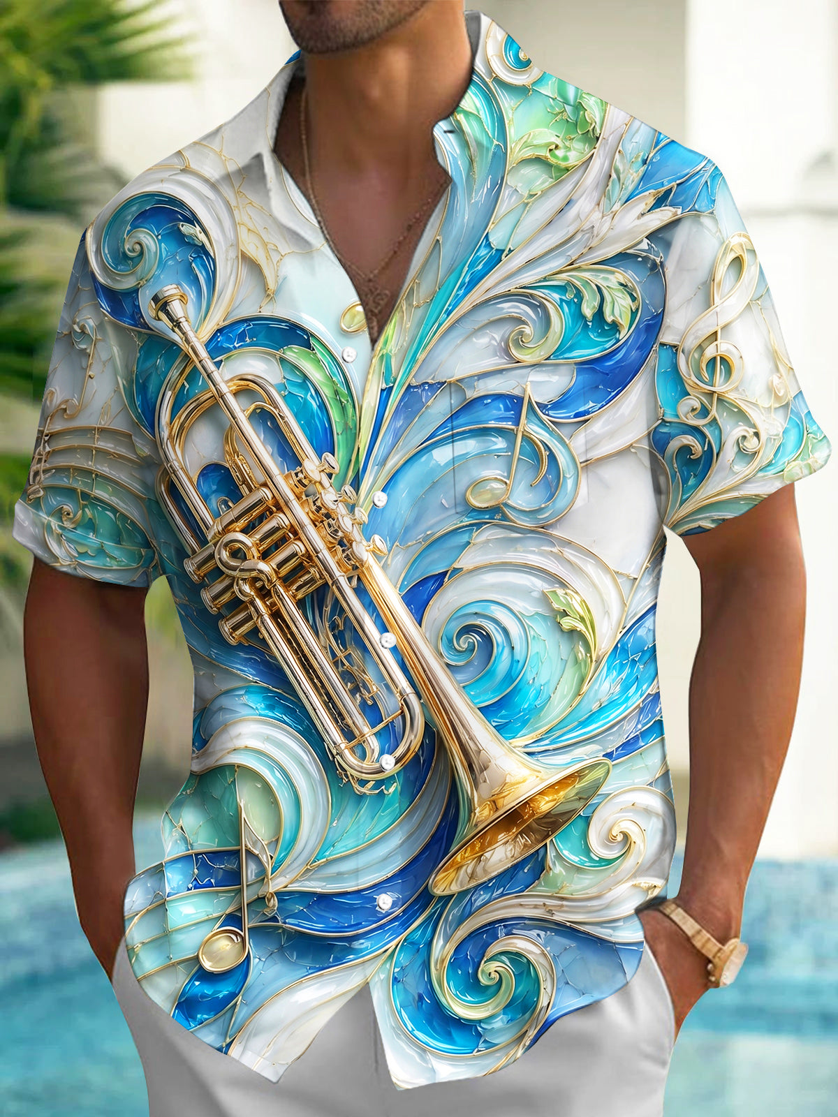 Oceanlyte Men's 3D Stained Glass Trumpet Print Short Sleeve Shirt with Chest Pocket