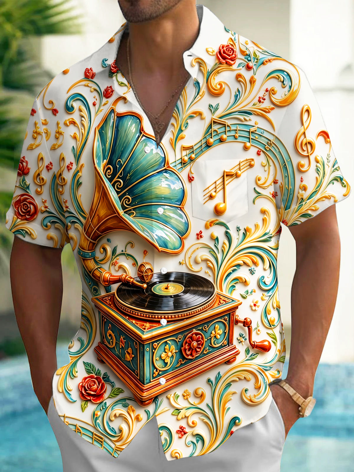 Oceanlyte Men's Vintage Style 3D Relief Gramophone Print Short Sleeve Shirt with Chest Pocket