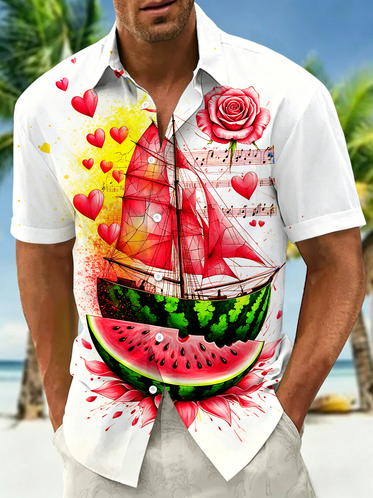 Oceanlyte Men's Hawaiian Watermelon Sailboat Print Short Sleeve Shirt with Chest Pocket