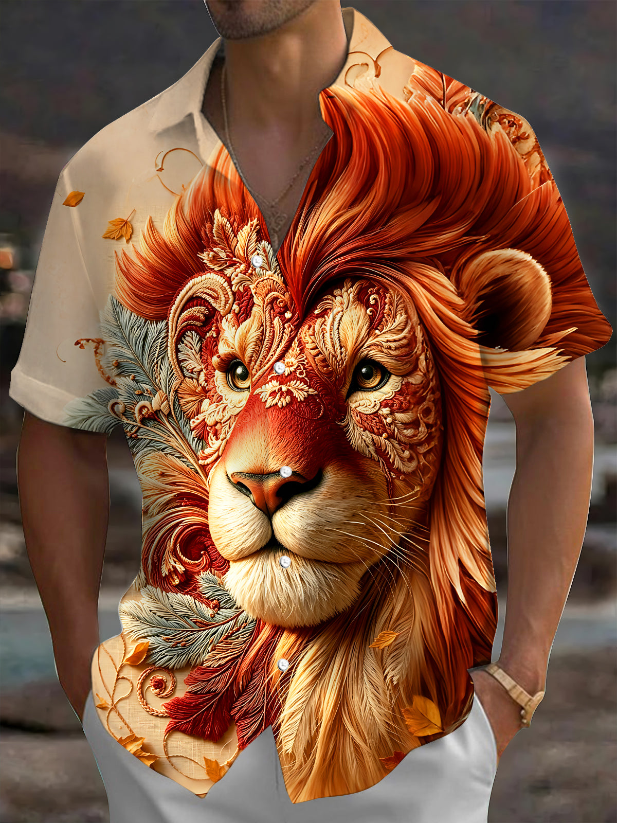 Oceanlyte Men's Vintage Style Lion Head Portrait Print Short Sleeve Shirt with Chest Pocket