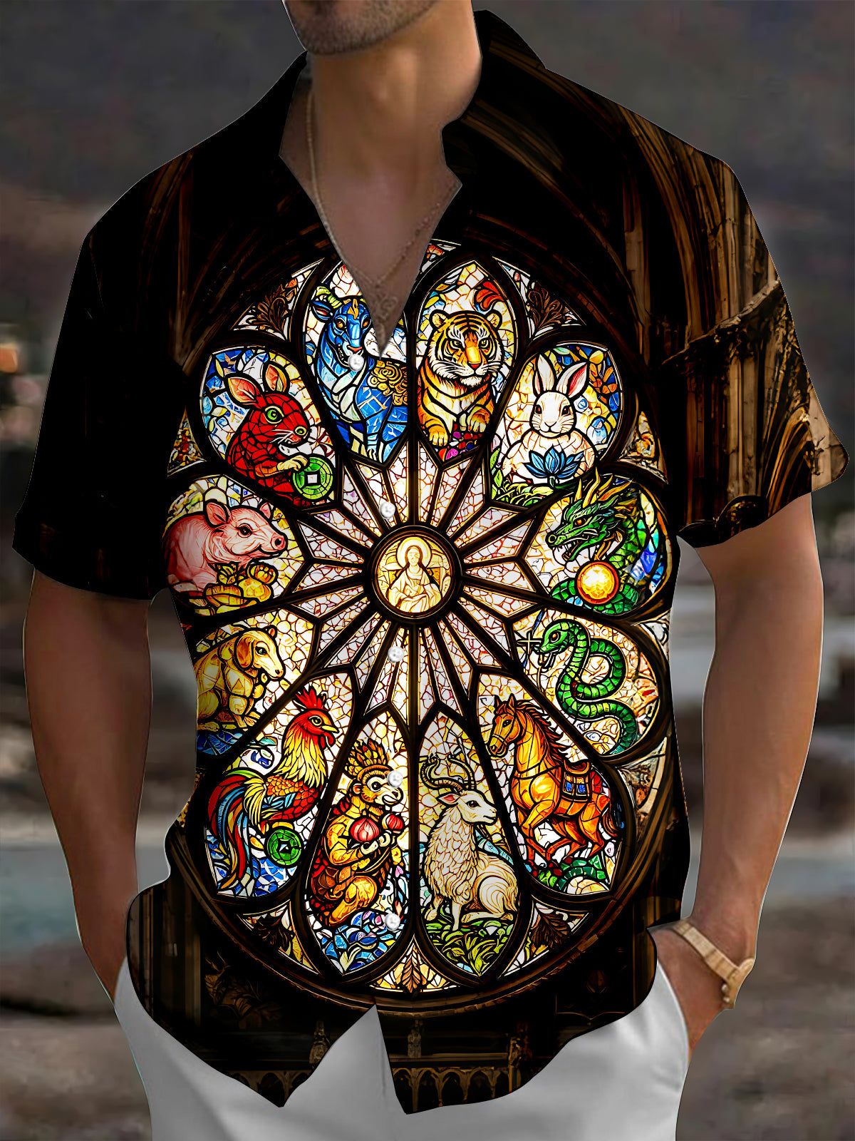 Oceanlyte Men's Church Stained Glass Zodiac Totem Printed Pattern Print Short Sleeve Shirt with Chest Pocket