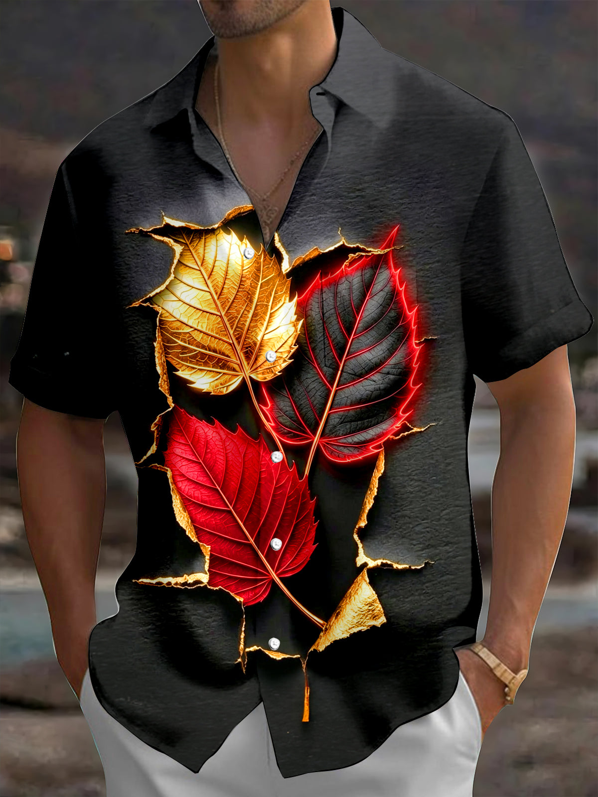 Oceanlyte Men's 3D Autumn Leaves Print Tearing Effect Print Short Sleeve Shirt with Chest Pocket