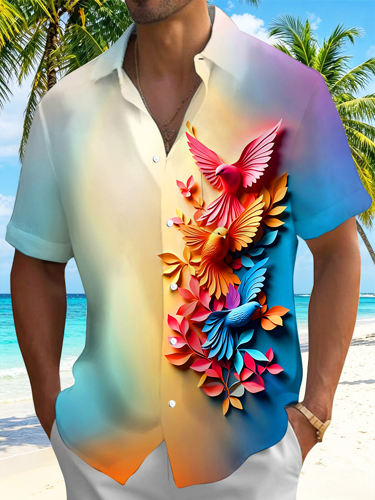 Oceanlyte Men's 3D 3D Relief Birds Print Floral Leaves Print Short Sleeve Shirt with Chest Pocket