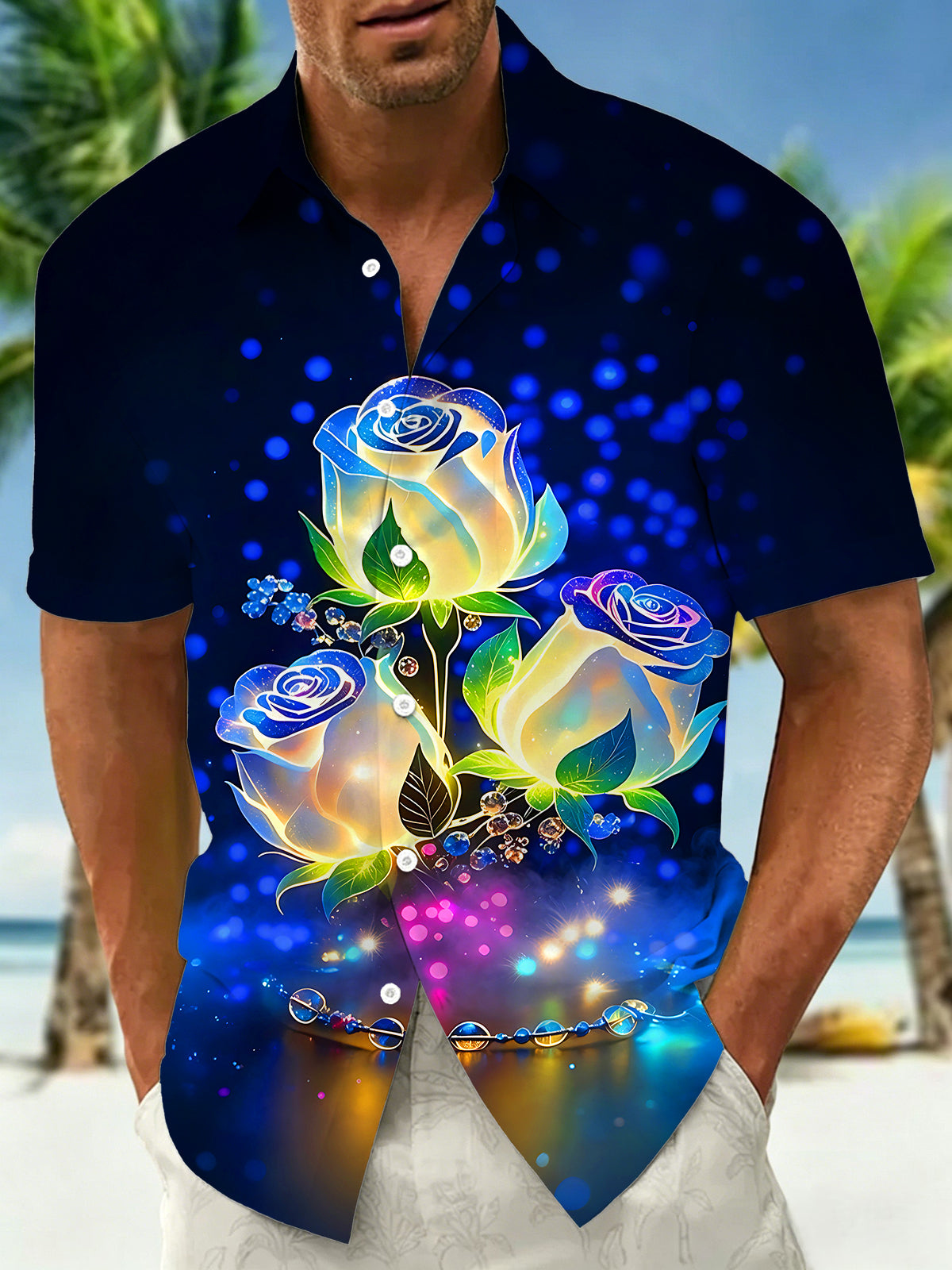 Oceanlyte Men's Printed Neon Luminous Roses Print Short Sleeve Shirt with Chest Pocket