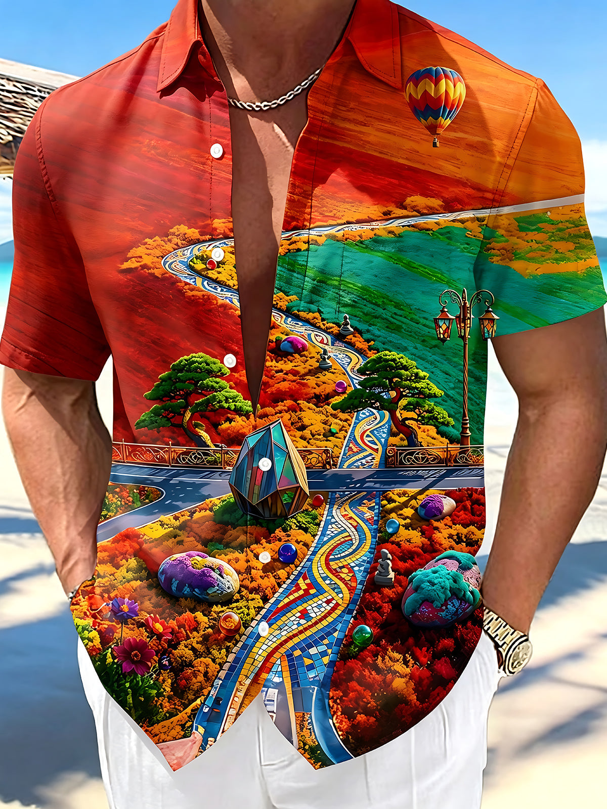 Oceanlyte Men's Graphic Hot Air Balloon Landscape Print Short Sleeve Shirt with Chest Pocket
