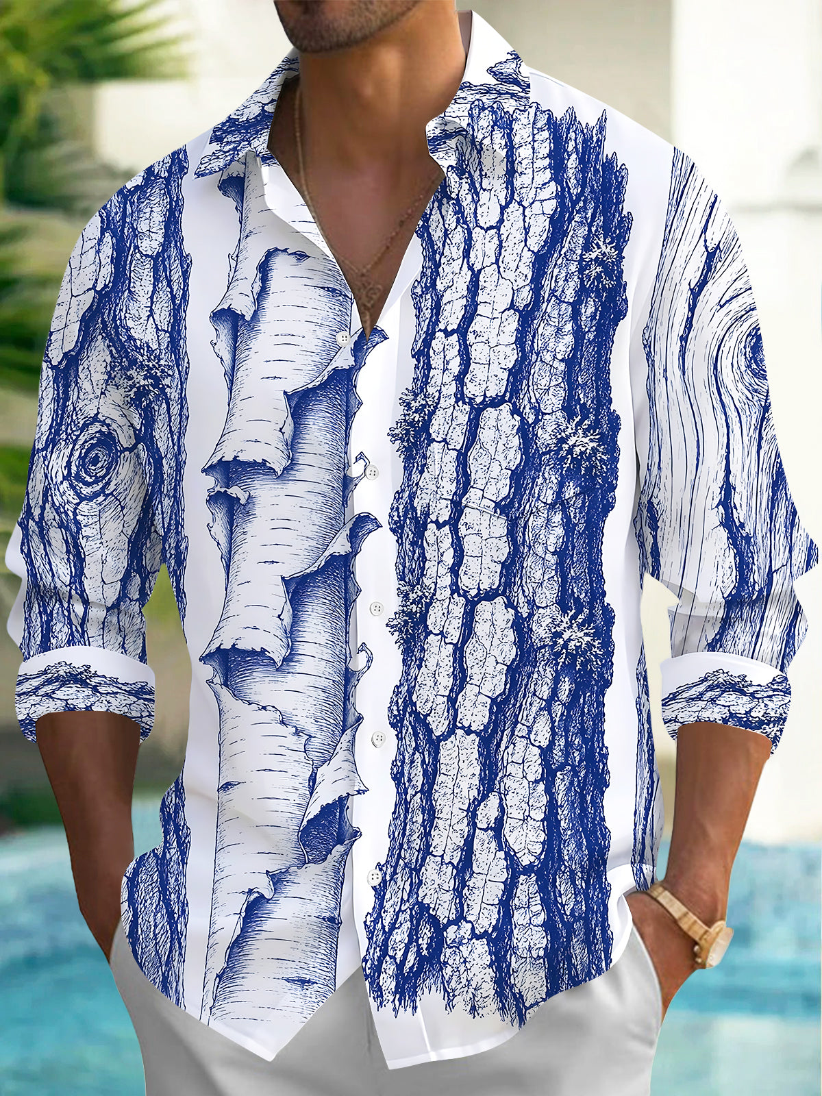 Oceanlyte Men's Printed Tree Bark Sketch Print Long Sleeve Shirt with Chest Pocket