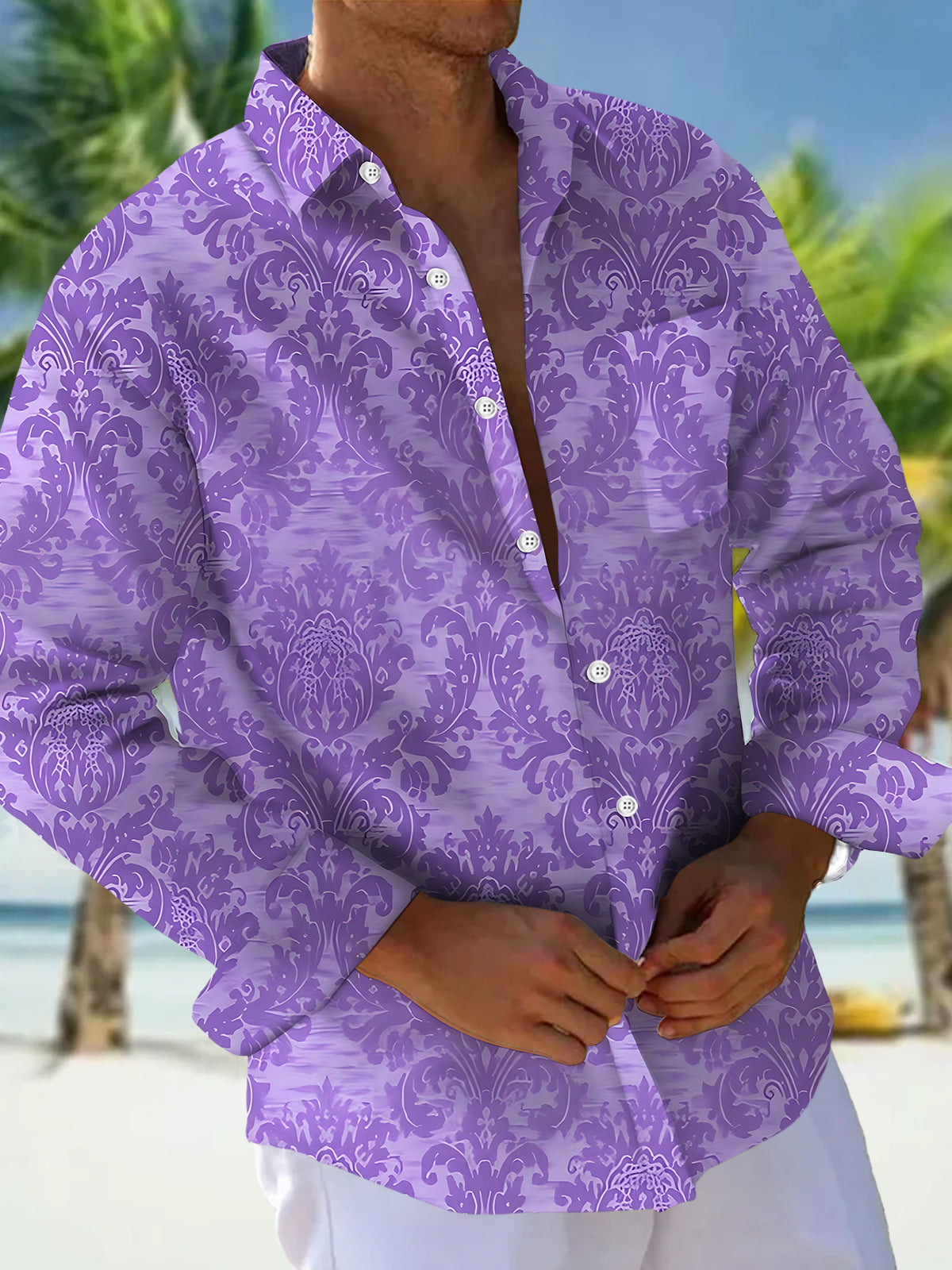 Oceanlyte Men's Printed Purple Damask Pattern Long Sleeve Shirt with Chest Pocket