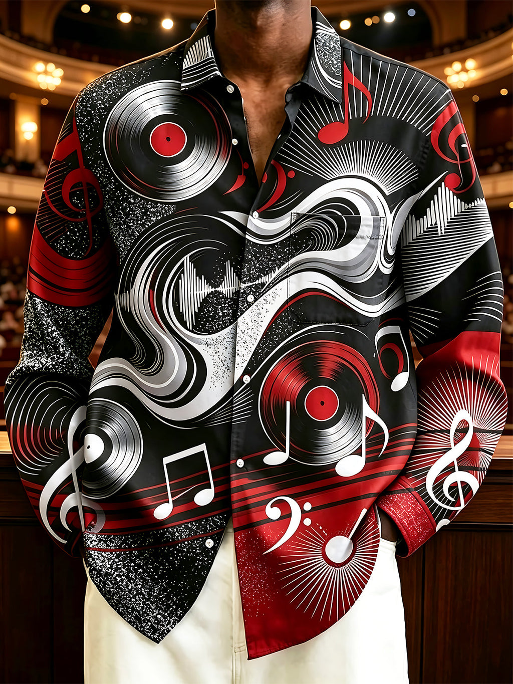 Oceanlyte Men's Graphic Vinyl Records Print Music Notes Print Long Sleeve Shirt with Chest Pocket