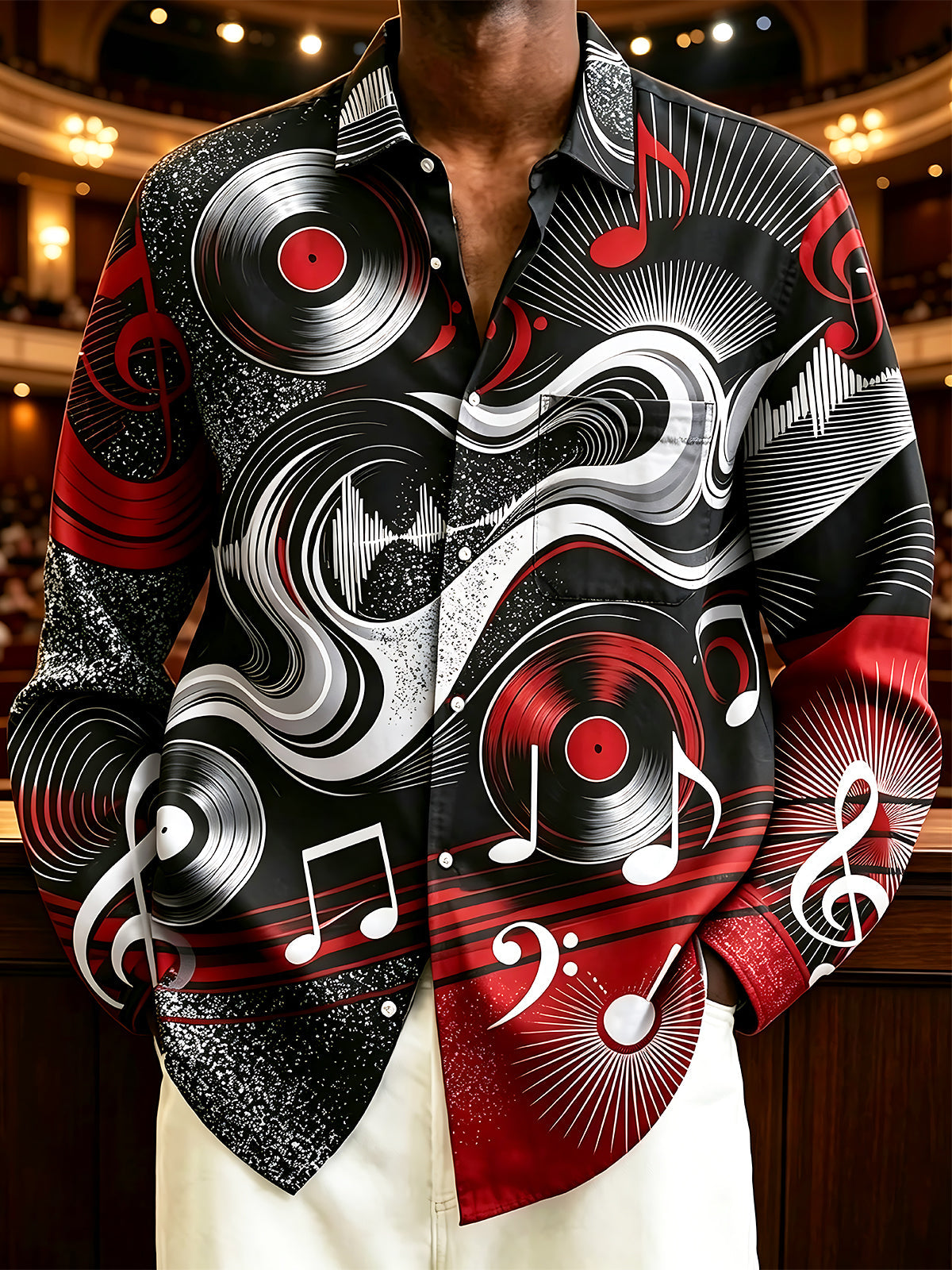 Oceanlyte Men's Graphic Vinyl Records Print Music Notes Print Long Sleeve Shirt with Chest Pocket