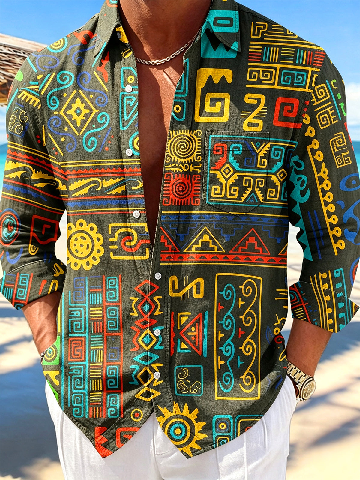 Oceanlyte Men's Hawaiian Ethnic Geometric Totem Print Long Sleeve Shirt with Chest Pocket