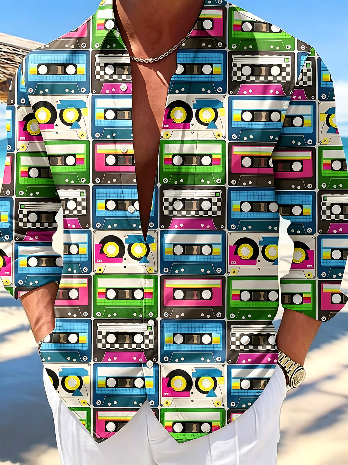 Oceanlyte Men's Vintage Style Cassette Tape Pattern Long Sleeve Shirt with Chest Pocket