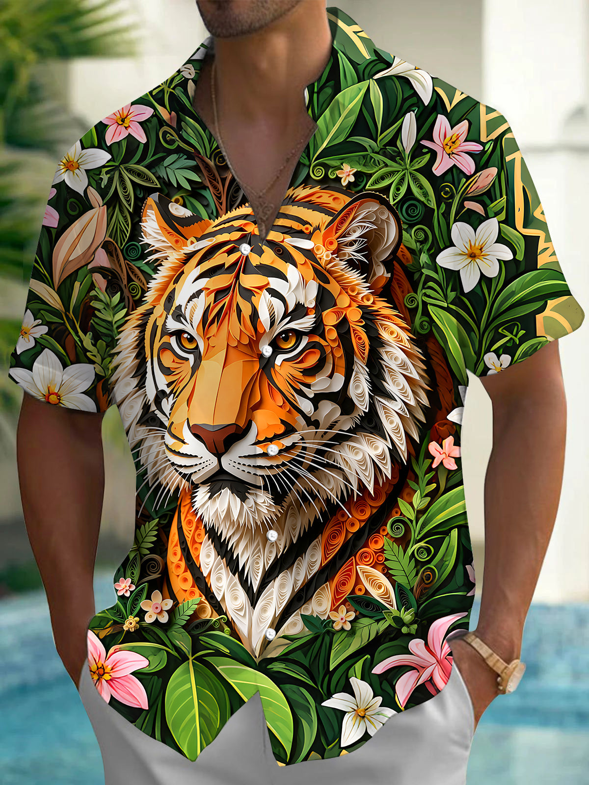 Oceanlyte Men's Hawaiian 3D Relief Tiger Face Print Short Sleeve Shirt with Chest Pocket