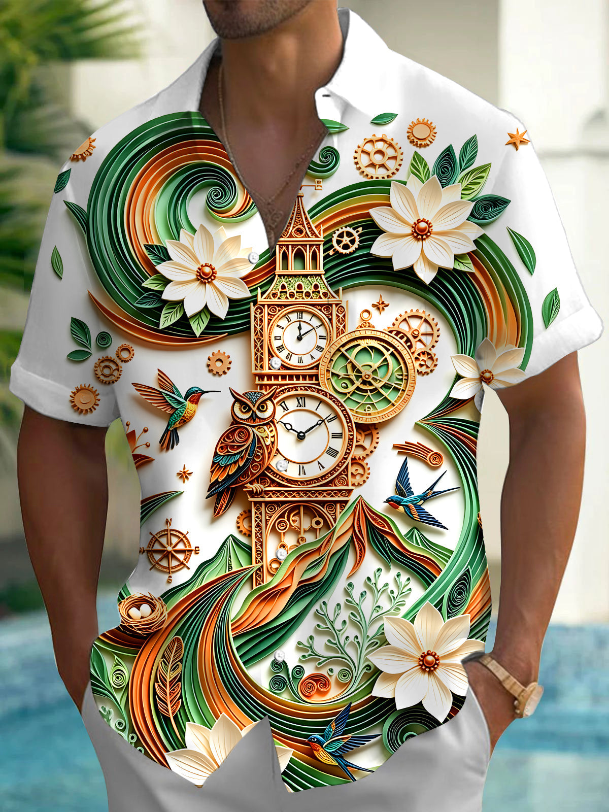 Oceanlyte Men's Graphic 3D Relief Clock Tower Print Short Sleeve Shirt with Chest Pocket