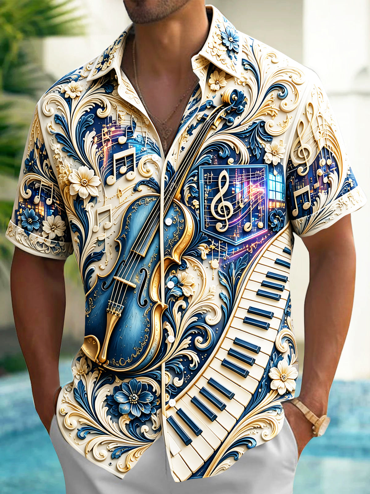 Oceanlyte Men's Graphic 3D Relief Violin Print Short Sleeve Shirt with Chest Pocket