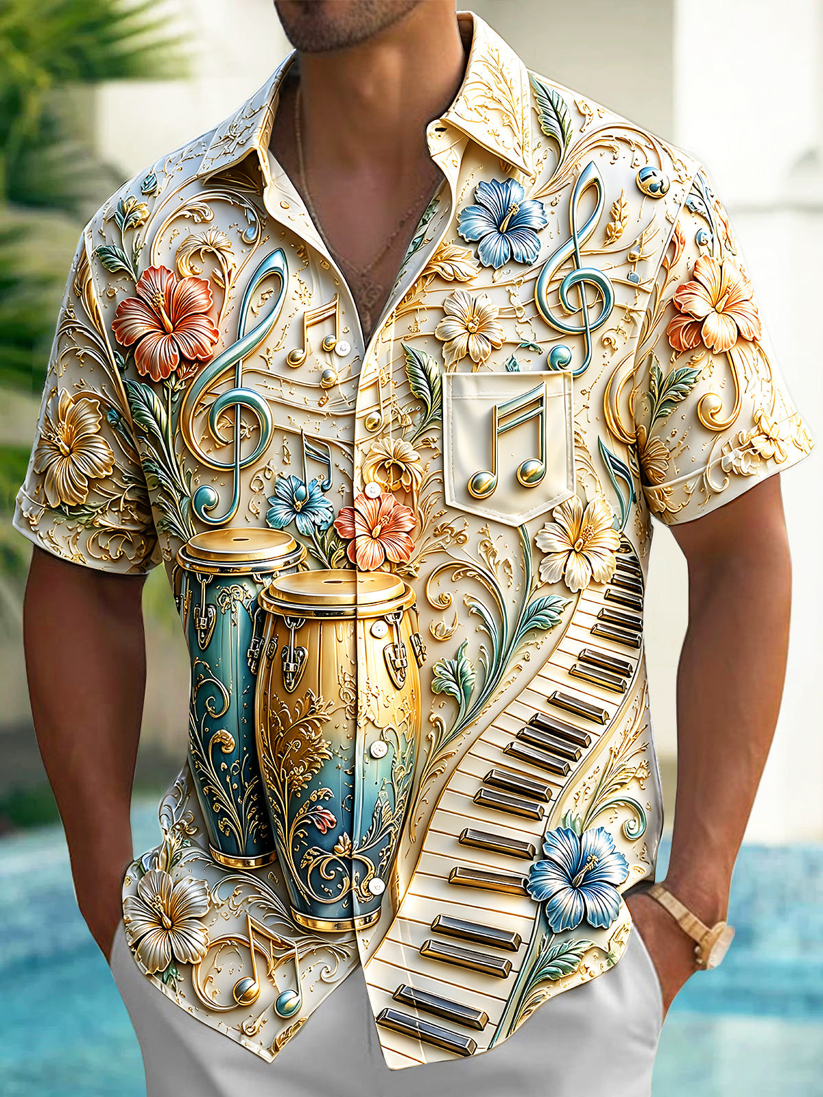 Oceanlyte Men's 3D 3D Relief Musical Instruments Print Short Sleeve Shirt with Chest Pocket