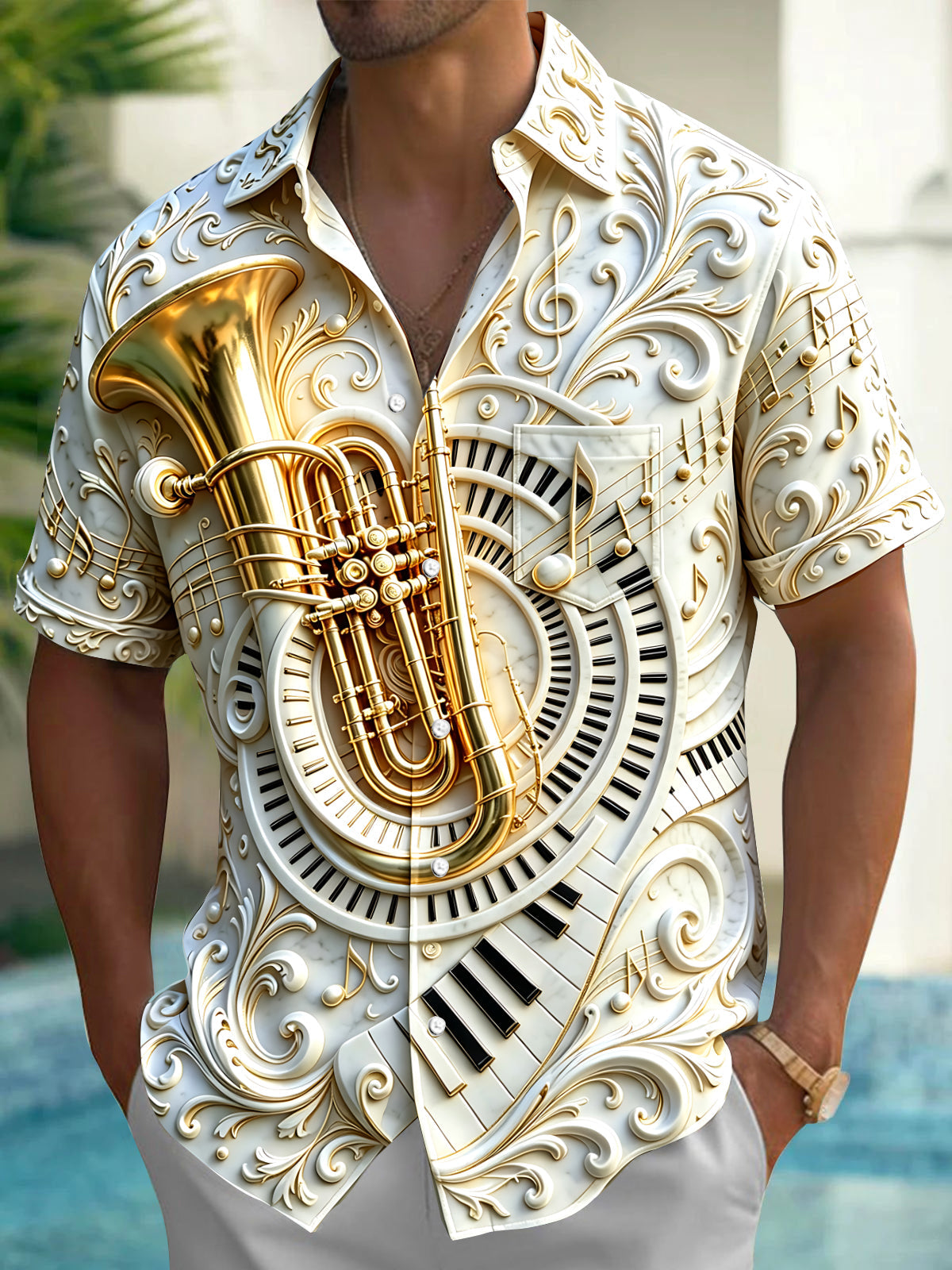 Oceanlyte Men's Graphic 3D Relief Tuba Print Piano Keys Print Short Sleeve Shirt with Chest Pocket