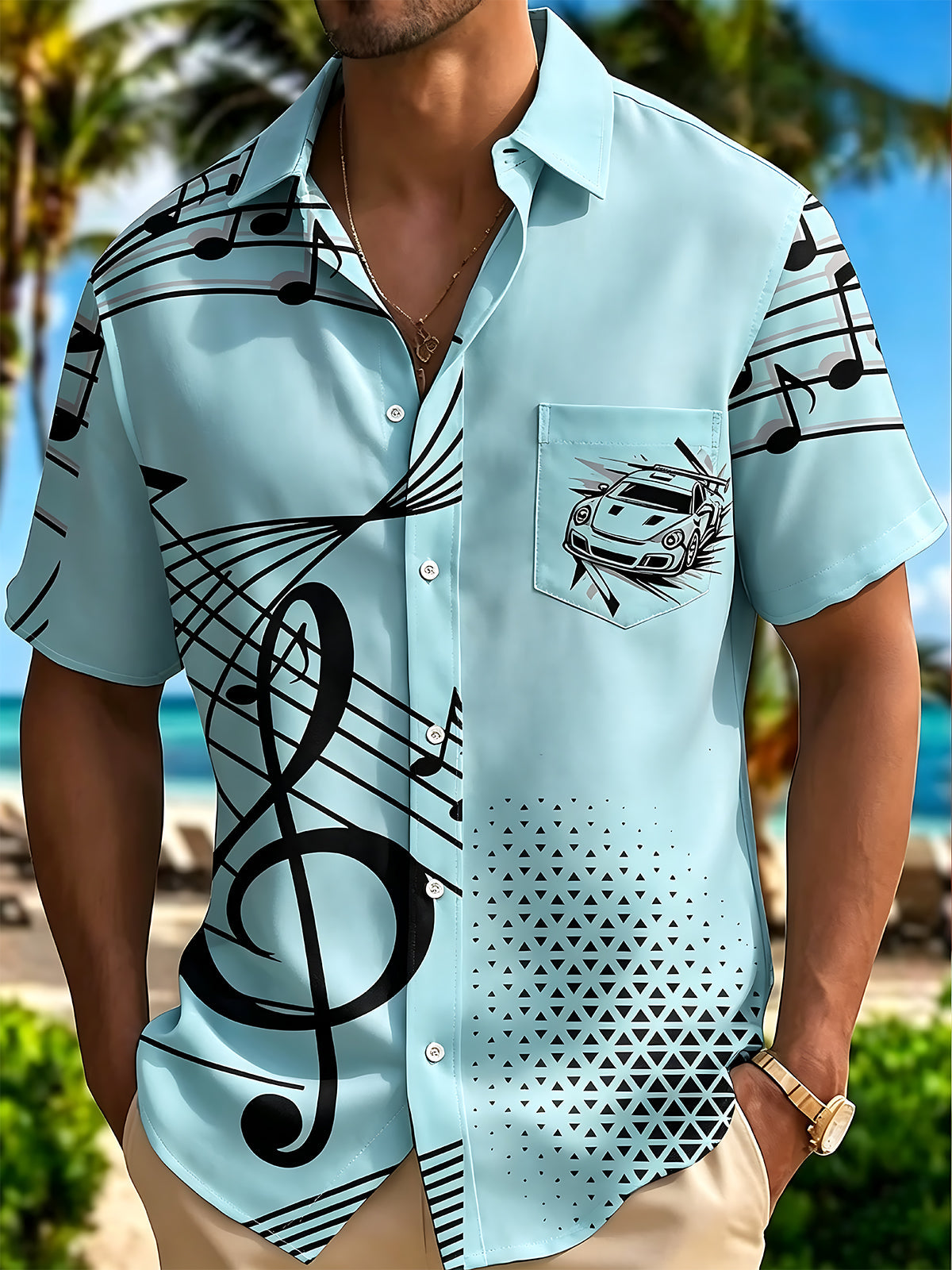 Oceanlyte Men's Graphic Music Notes Print Sports Car Print Short Sleeve Shirt with Chest Pocket