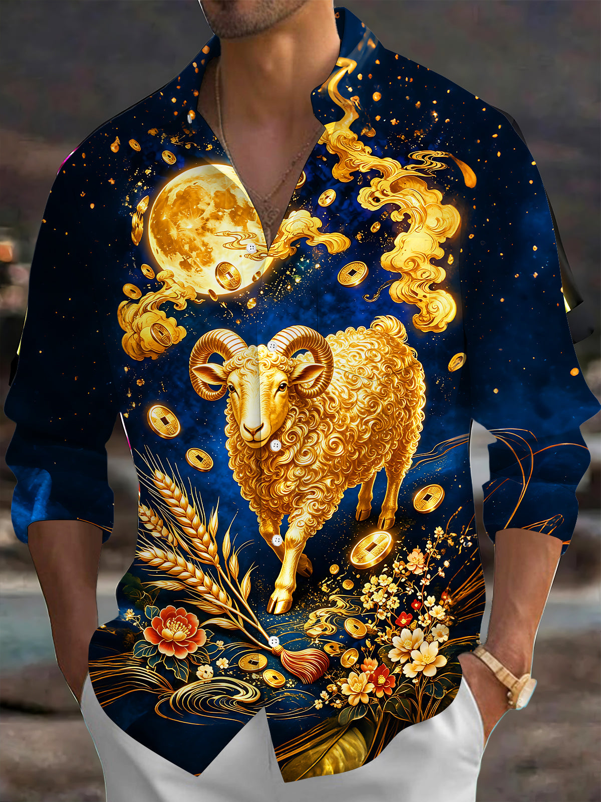 Oceanlyte Men's Printed Golden Sheep Print Full Moon Print Long Sleeve Shirt with Chest Pocket