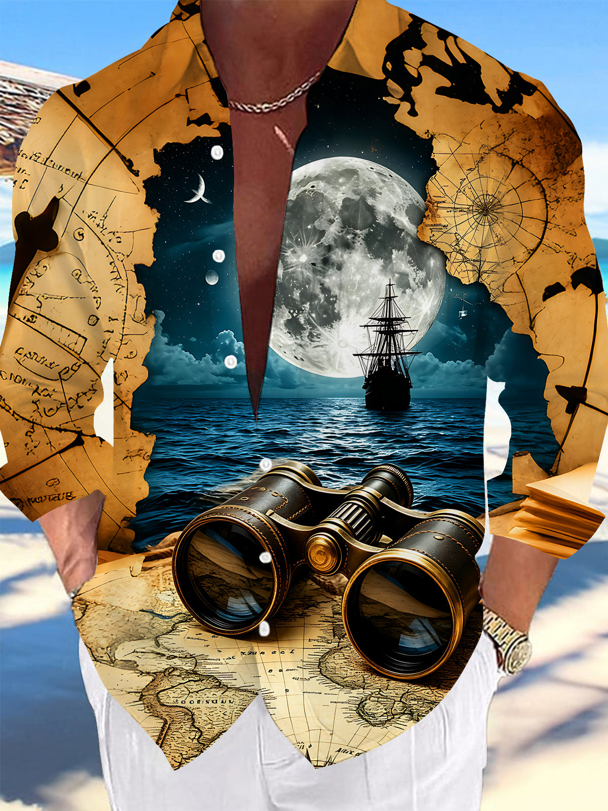 Oceanlyte Men's Vintage Style Vintage Map Print Long Sleeve Shirt with Chest Pocket