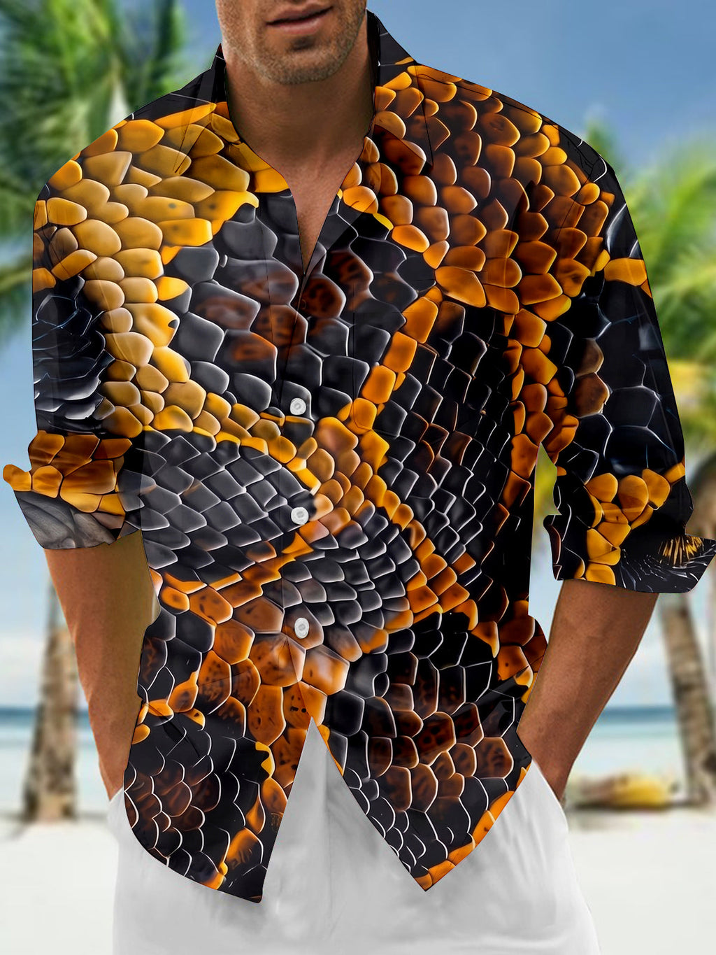 Oceanlyte Men's Printed Snake Scale Texture Print Long Sleeve Shirt with Chest Pocket